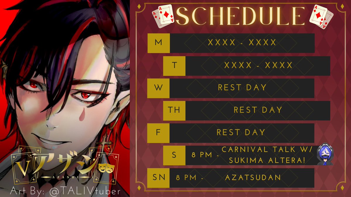 Azashi__'s tweet photo. 🩸⚜️ SCHEDULE FOR THE WEEK OF MAY 9-15 ⚜️🩸

Will be doing a new type of zatsudan with other guests coming in!

Schedule Art by: @/TALIVtuber

【HASHTAGS】
Live: #Azahaishin
Art: #Azashillust
NSFW: #Azalust
Memes: #Azashitpost
Clips: #Azasheesh
Music: #AzashinoUta https://t.co/hNYzovq9G6