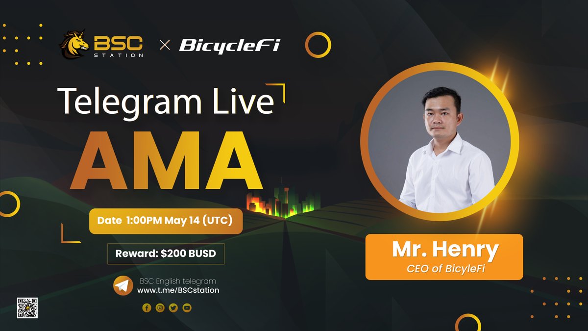 BSCS_Global's tweet photo. 🌟AMA: BSCSTATION x BICYCLEFI🌟

🎙Speaker: Mr. Henry - CEO of BicycleFi
📅 Time: 1:00PM May 14 (UTC)
📍 Venue: https://t.co/hj4pXBhrme
 🎁 Rewards: $200 BUSD
👉 5 Pre-AMA Questions 
👉 5 Live-chat Questions 

Send your questions: https://t.co/nCEhzpvHma https://t.co/6cRLbnGXg7