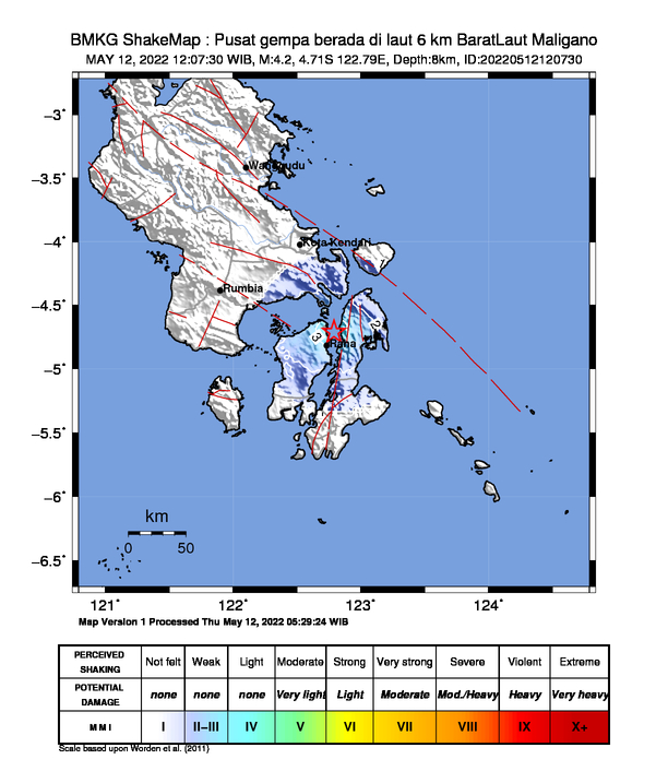 infoBMKG's tweet photo. #Gempa Mag:4.2, 12-Mei-22 12:07:30 WIB, Lok:4.71 LS, 122.79 BT (Pusat gempa berada di laut 6 km BaratLaut Maligano), Kedlmn:8 Km Dirasakan (MMI) III-IV Raha, II Lainea #BMKG https://t.co/hwhEbKZQ7t
