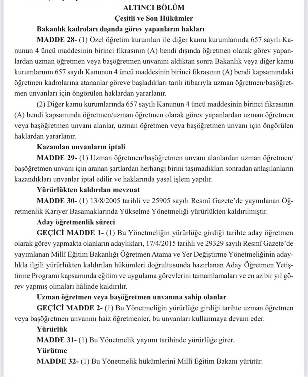 🔺Aday Öğretmenlik ve Öğretmenlik Kariyer Basamakları Yönetmeliği Resmî Gazete'nin bugünkü sayısında yayımlandı. Bakan Özer: Eğitim tarihimiz açısından bir ilk olan Öğretmenlik Meslek Kanunu’na dair yönetmelik, başta öğretmenlerimiz olmak üzere tüm eğitim camiamıza hayırlı olsun.