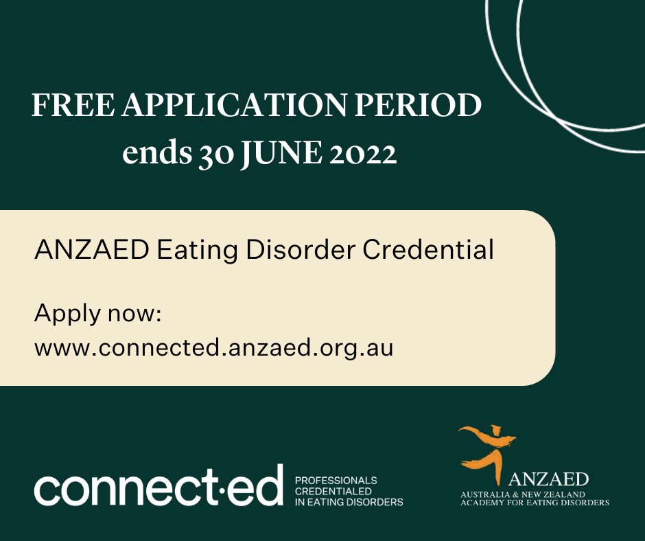 ANZAED1's tweet photo. FREE APPLICATION PERIOD ends 30/06/22. With your help, we can make finding &amp; connecting w/ clinicians less challenging for people experiencing eating disorders. Dietitians &amp; mental health professionals can apply for the #ANZAED #EatingDisorderCredential at https://t.co/Y91sSMiZAL https://t.co/rX7idwx3qF