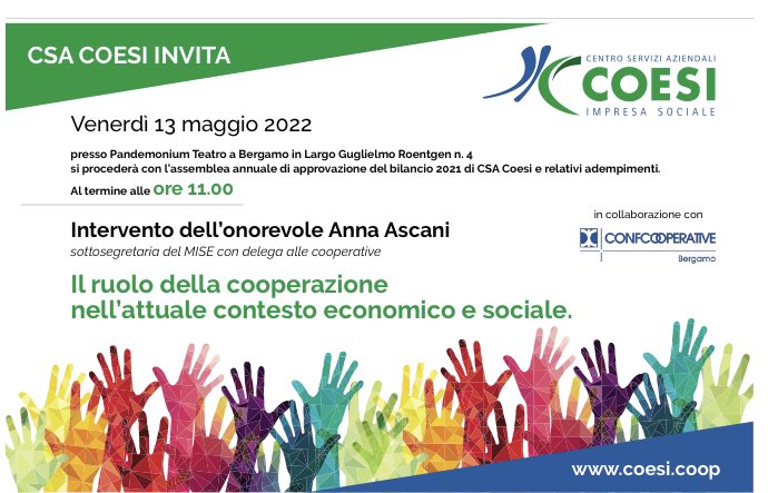 confcoopbg's tweet photo. Domani l’assemblea del nostro Centro Servizi #CSACoesi con l’intervento straordinario di @AnnaAscani Sottosegretario di Stato al Ministero Sviluppo Economico @MISE_GOV con delega alle #Cooperative https://t.co/AuidU0DU5r