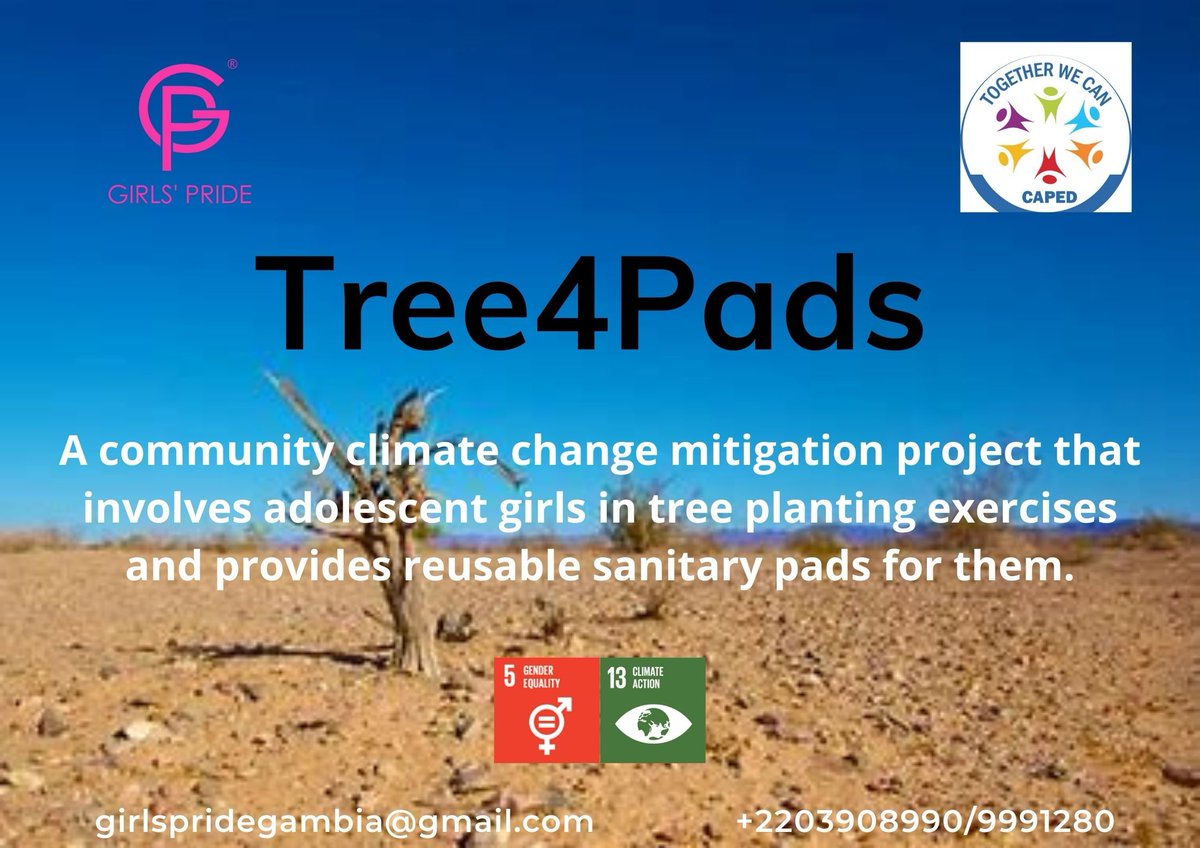 GirlsPrideGam's tweet photo. We are super excited to partner with @CapedGambia to support internally displaced out of school adolescent girls in Foni through #Tree4Pads project. This pilot project will be launched on May 28th in commemoration of
Menstrual Hygiene Day. #WeAreCommitted @MHDay28May @WASHUnited https://t.co/boN4tUajKf