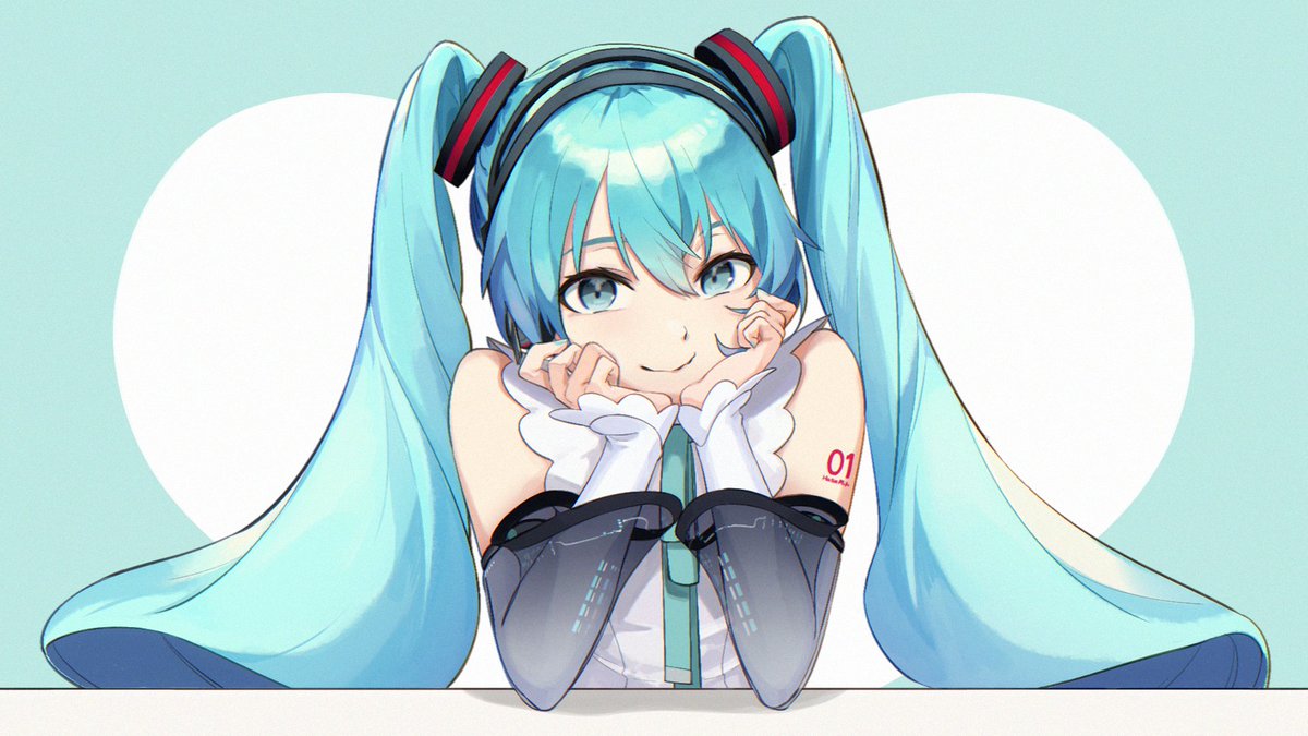 hatsune miku 1girl solo long hair twintails smile head rest looking at viewer  illustration images