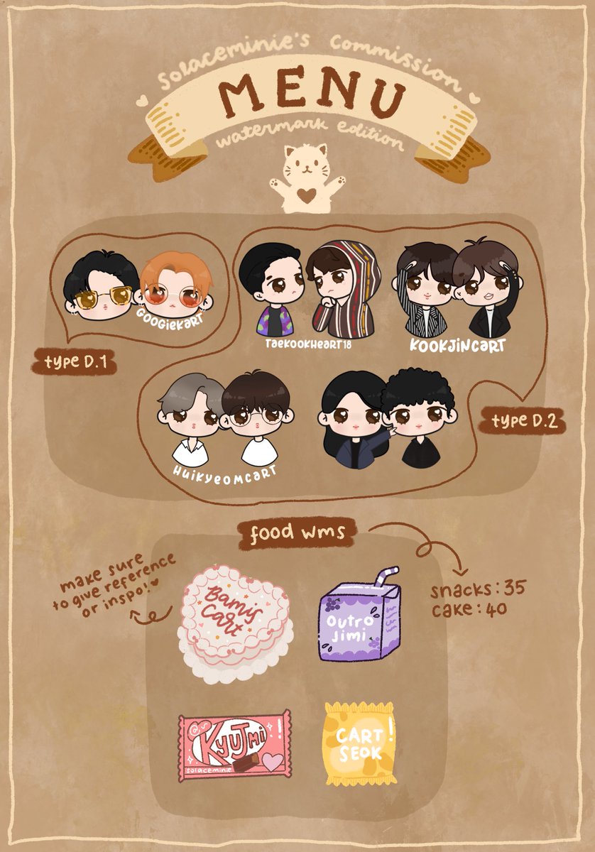 solaceminie's tweet photo. 💭 #madebyminie watermark commissions ♡ 

⋆ please read the t&amp;c below! 
⋆ dm me for for inquiries and for available slots left 🫶🏻
⋆ new rates &amp; designs!

please help rt !
⌗ wts lfb commission chibi comms wm pagawa ph snack snacks food cake https://t.co/htfWHAMvYZ