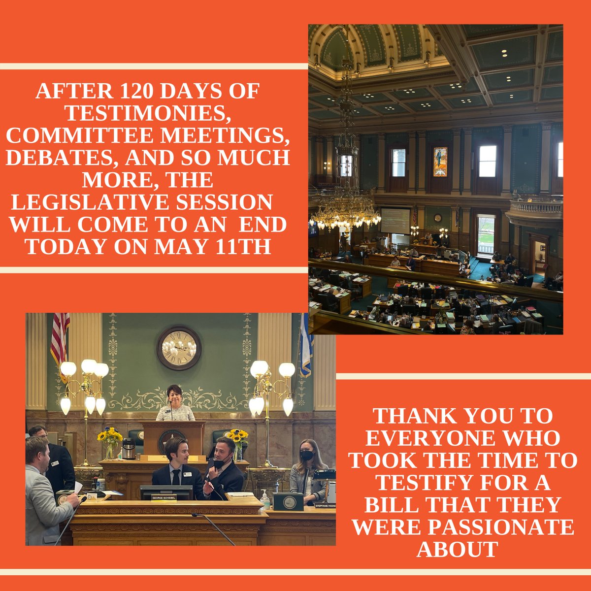 Sine Die (the final day of session) has arrived and concluded at 11:36 pm this evening! It has been an honor to serve during the Seventy-Third Legislative Session. Thank you for a great session!