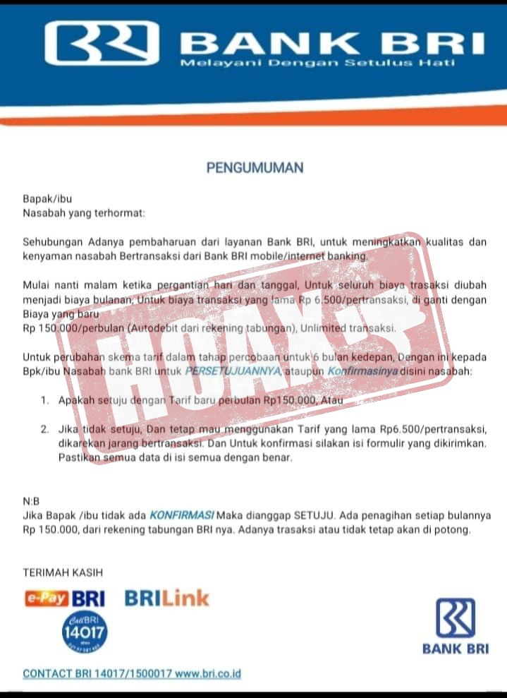 kontakBRI's tweet photo. Sobat BRI. Waspada dan tetap berhati-hati dengan beredarnya informasi HOAX terkait pembaharuan layanan dan perubahan tarif baru BRI. Selalu jaga kerahasian data pribadi untuk terhindar dari kejahatan perbankan. 

#BRIEdukasi https://t.co/jh3U7VxdQe