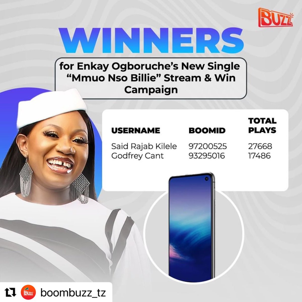 BoomplayTZ's tweet photo. Hawa ndio washindi wa shindano la Stream &amp; Win wimbo wa Enkay Ogboruche 'Mmuo Nso Billie'. Washindi wote watajulishwa namna ya kuchukua zawadi zao.

#HomeOfMusic https://t.co/3QqLIMViWk