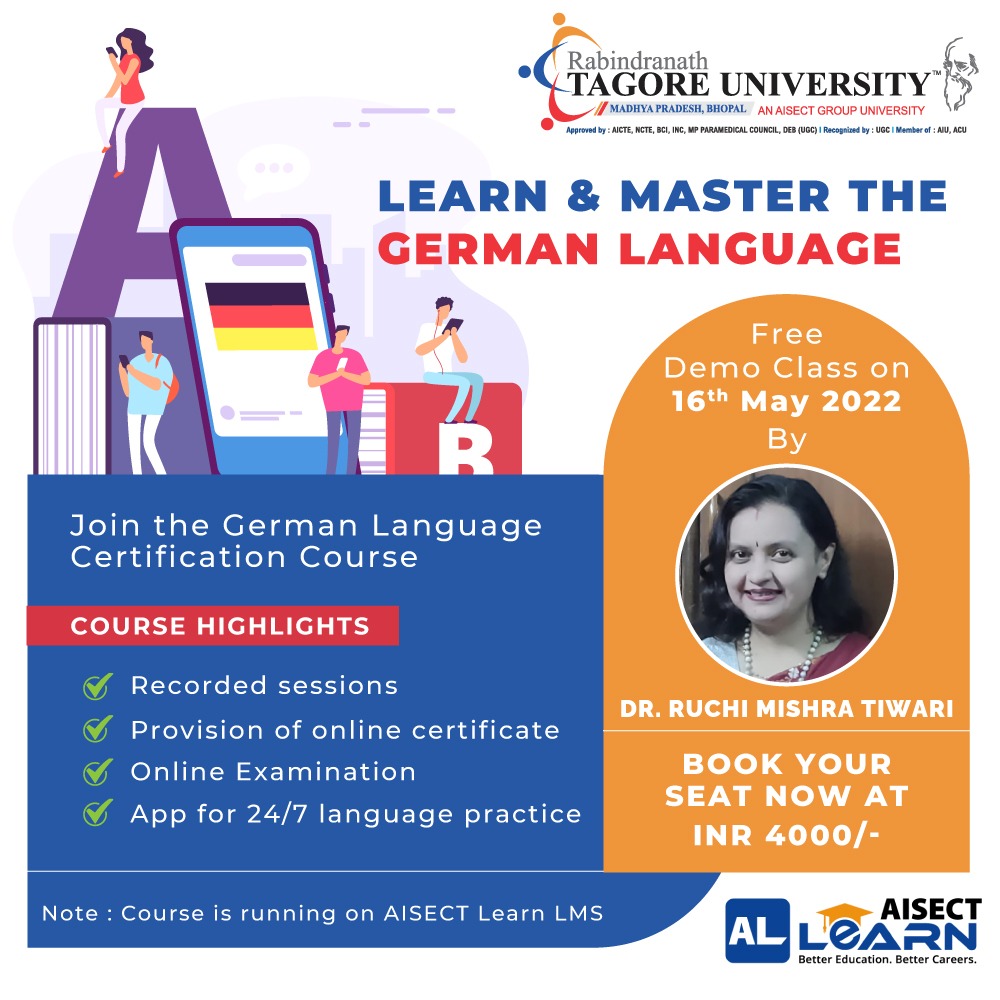 RNTUnivBhopal's tweet photo. Are you willing to #learn #German & boost your multi-lingual skill? If yes, then this #GermanLanguageCertification Course is just for you. Avail of complete session recordings, an app for language practice, & get #trained by #skilled #GermanLanguageExperts. Book your seat now! https://t.co/02x0uJjbgf
