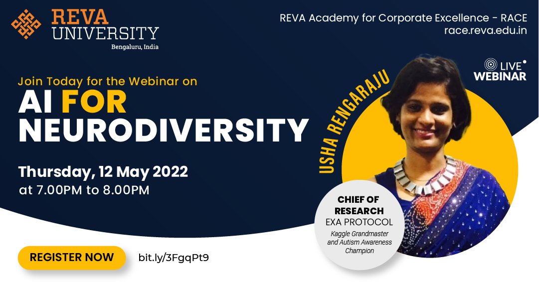 RACEREVA's tweet photo. Join the #webinar today at 7 PM on ‘AI for Neurodiversity’, organized by @RACEREVA  and presented by Usha Rengaraju, a three-time #Kaggle Grandmaster and an #Autismawareness champion. #Registernow to receive the #joininglink for the webinar: https://t.co/wdvrdE21kq https://t.co/hlc9r53Xaa