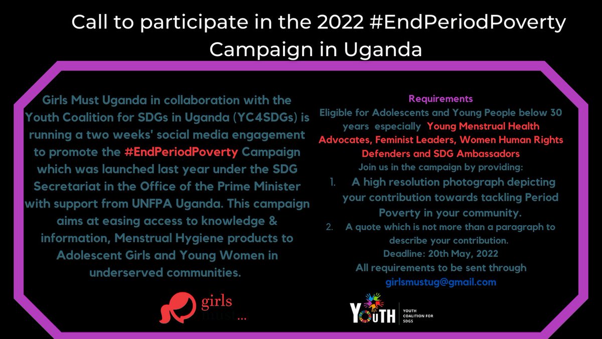 ug_girls's tweet photo. New!!!

Are you a young person 🇺🇬 championing Period Equality in your community? We are seeking to hear from you this season. How are you tackling the issue of Period Poverty. Join us in the #EndPeriodPoverty social media campaign in preparation for #MHDay2022 celebrations. https://t.co/KrImv8MVph