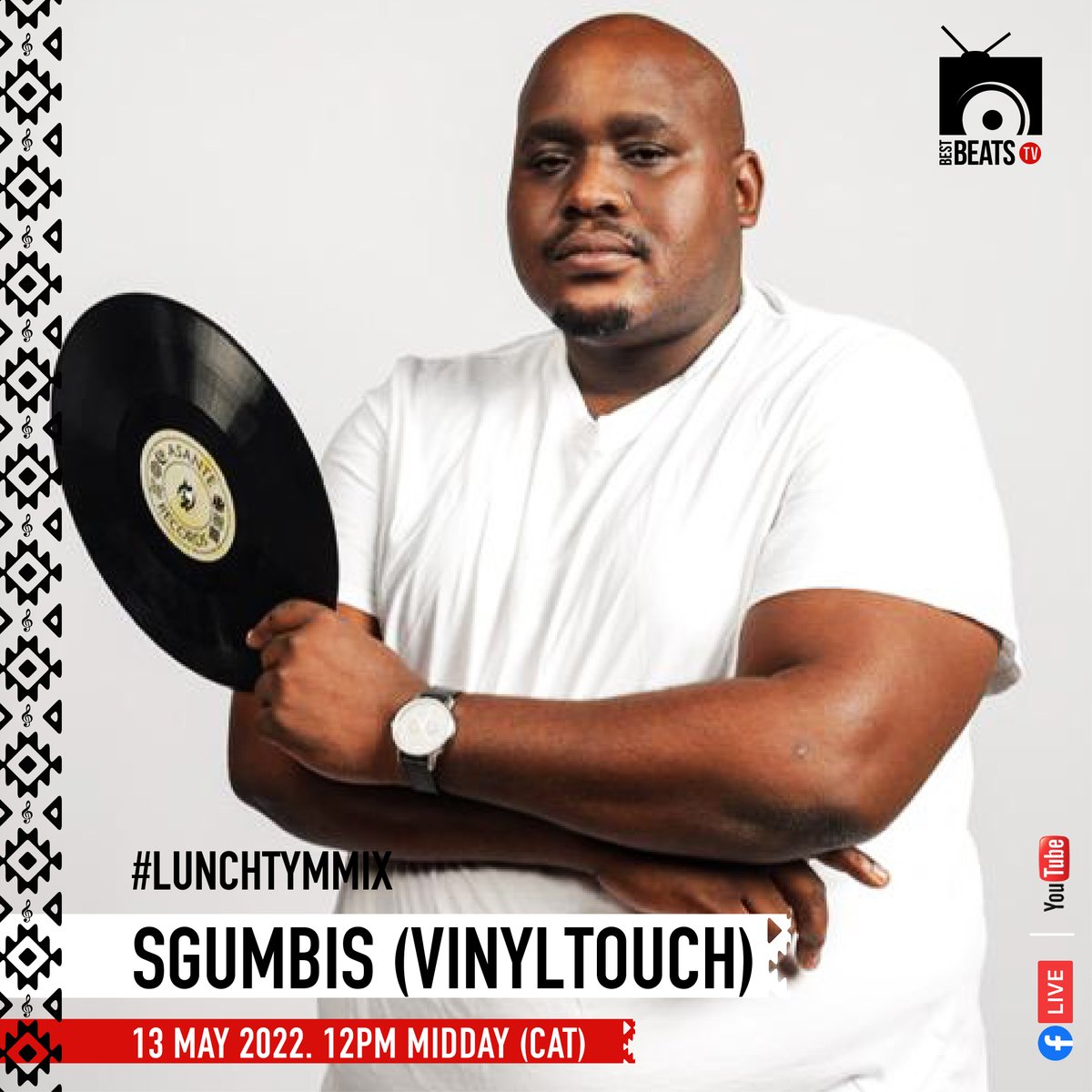 BestBeatsTv's tweet photo. Vula is'khaftini!! โ
This Friday 13 May, catch Sgumbis (#TheVinylTouchSA) serving us the #LunchTymMix from 12pm (CAT)
Premiering on YouTube. #BestBeatsTV #SetsInTheCity https://t.co/52T1OnM5Lw