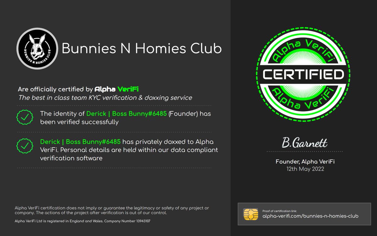 Congratulations Bunnies N Homies !
<a href="/BunniesNHomies/">B&H Club 🥕 $DOUGH</a>

Now officially certified by Alpha VeriFi, the best in class KYC verification, doxxing and project analysis service from Alpha Labs.

alpha-verifi.com/bunnies-n-homi…

#DoxxedTeam #NFTProject
