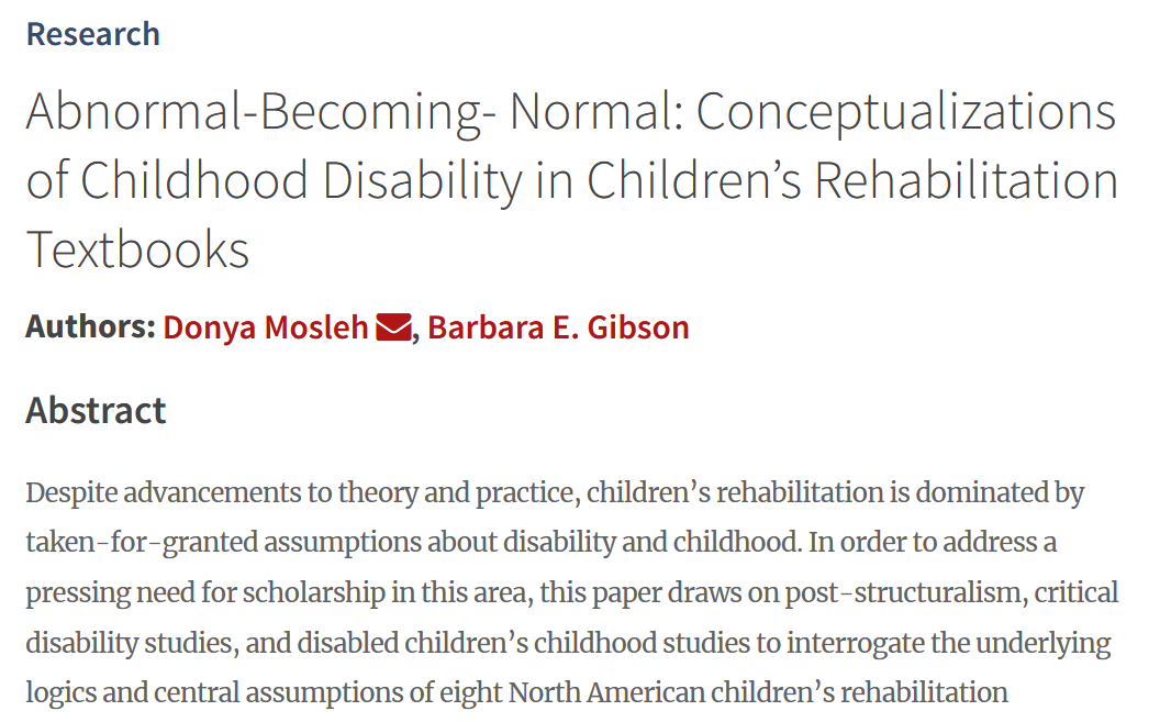 SJDResearch's tweet photo. New, by Donya Mosleh &amp; @BarbptToronto! 🥳

Mosleh, D., &amp; Gibson, B. E. 2022. “Abnormal-Becoming-Normal: Conceptualizations of Childhood Disability in Children’s Rehabilitation Textbooks.” SJDR 24(1), 122–135. DOI: https://t.co/PoZcRoVCPS

#Disability #rehabilitation #OpenAccess https://t.co/SdpoH7sQdn