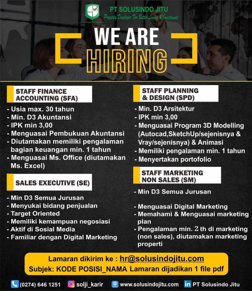 official_solji's tweet photo. Halo sobat souldjie, ada loker nih buat kamu para jobseeker yang sesuai dengan posisi dan kualifikasi diatas. Ayo segera daftarkan dirimu!
Come join us and grow together!.

Contact us:
☎ (0274) 646 1251
📧 hr@solusindojitu.com

#loker #lokerjogja #lokeryogyakarta #lowkerjogja https://t.co/IlJX3KnIl6