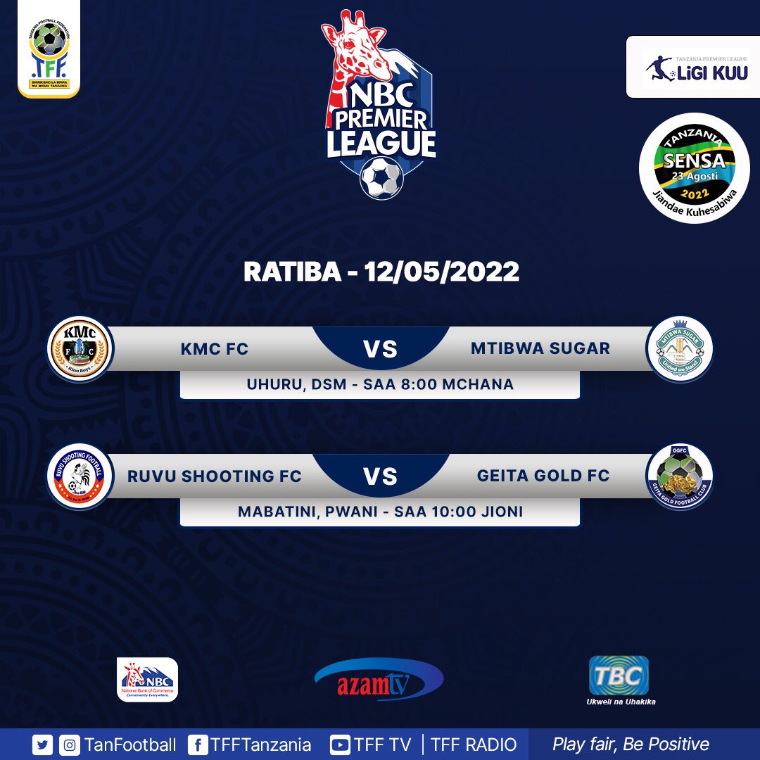 Tanfootball's tweet photo. Ratiba ya Ligi Kuu ya NBC leo Alhamisi, Mei 12, 2022.
#NBCPLFixtures
@tplboard @Tanfootball @NBCTanzania @azamtvtz @TBConlineTZ https://t.co/jjjtzK84cU