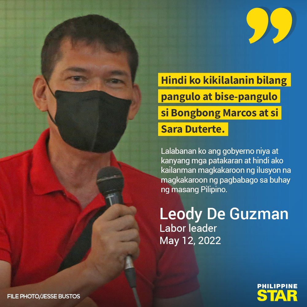 Labor leader Ka Leody De Guzman said Thursday he will not recognize Ferdinand "Bongbong" Marcos Jr. and Sara Duterte-Carpio as president and vice president of the country.