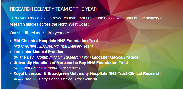 What an achievement by our research team - shortlisted for Research Delivery Team of the Year at the #NWCAwards 2022! 
Some very well deserved recognition for the incredible work the team have been doing!
<a href="/INNOVATIONNWC/">Health Innovation North West Coast</a> <a href="/ARC_NWC/">ARC North West Coast</a> @NIHRCRN_NWCOAST