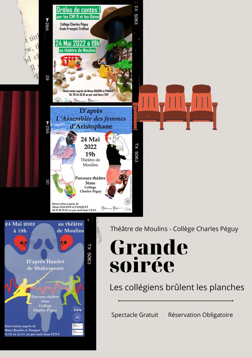 MPanquet's tweet photo. Les élèves du Parcours théâtre du collège Charles Péguy sont très fiers de vous présenter leur travail. Venez les applaudir au Théâtre de Moulins ! @College_Peguy03 https://t.co/88kMGDonwq