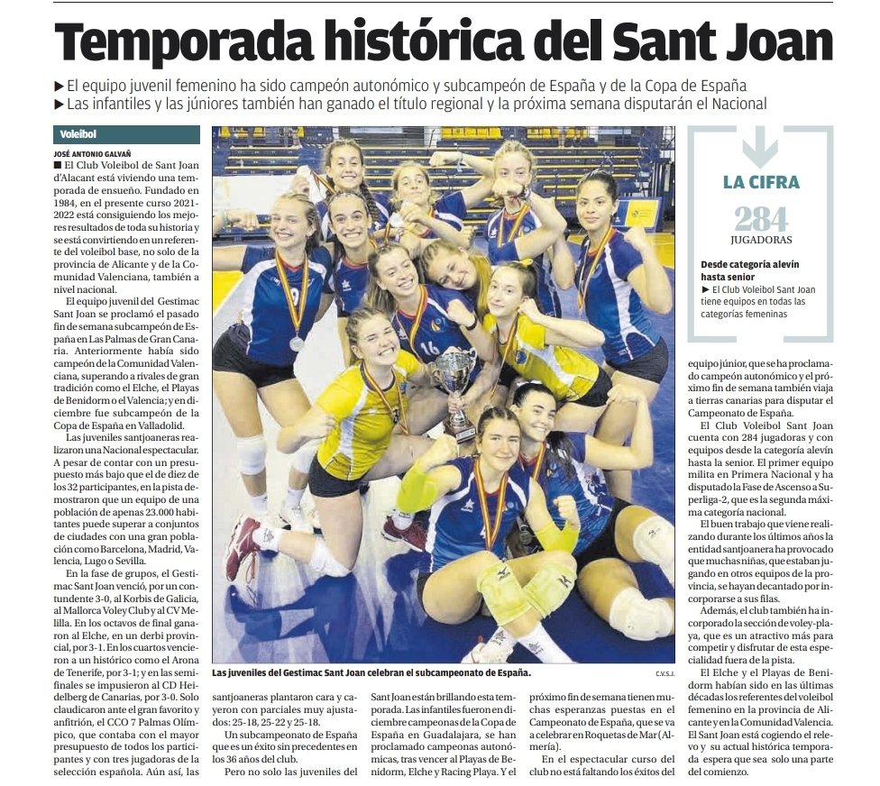 joan_club's tweet photo. Aquí os dejamos el reportaje completo que se publicó en el día de ayer en el Diario Información.
Orgullosos de que se de visibilidad en los medios a nuestro deporte y nuestro club, seguimos trabajando👏🏼💪🏼
#cvsj #cvsantjoan #voleibol https://t.co/o9XsJARnlD