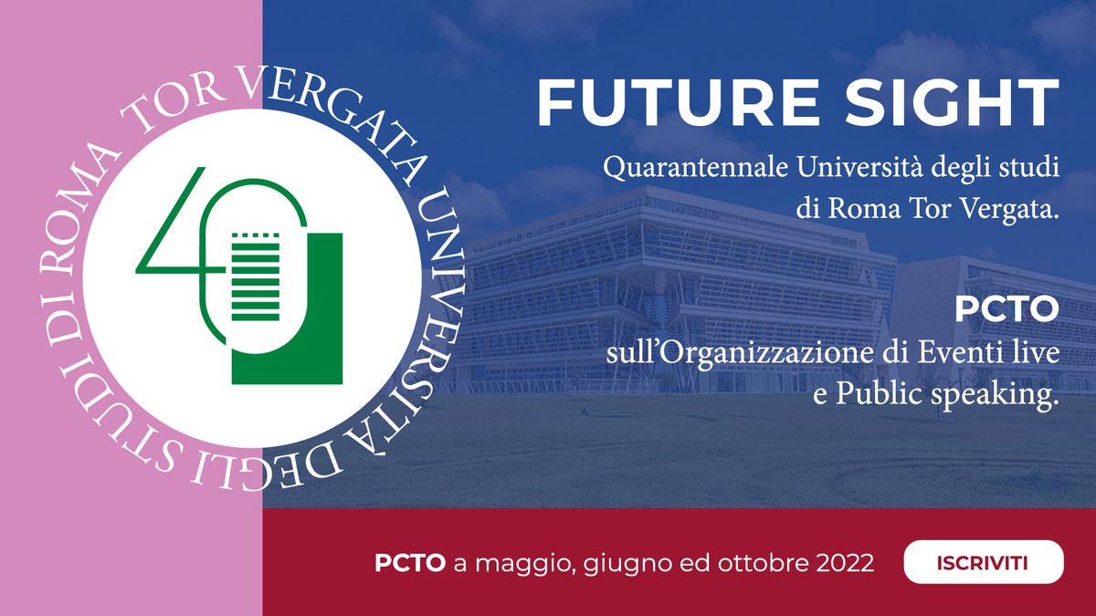 unitorvergata's tweet photo. ⏰ Oggi | 15:00  | MS Teams

Parte oggi il #PCTO "Ideare e organizzare eventi live" con 4 ore di formazione online:

I partecipanti più adatti potranno essere selezionati per partecipare a #FUTURESIGHT e #TorVergata40

Info ▶️ https://t.co/5U1HArsjpO https://t.co/kgl5oXRpet