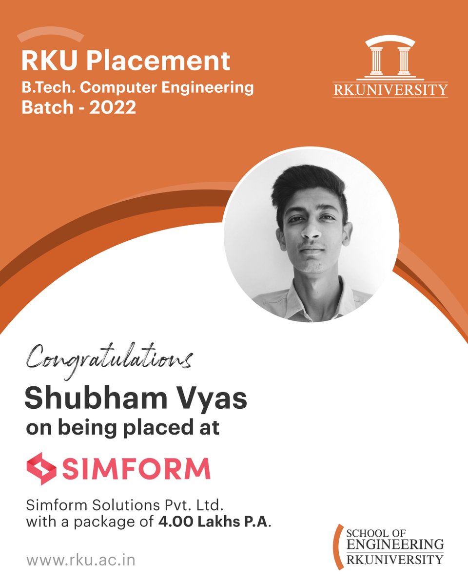 RKUniversity's tweet photo. We congratulate our students from #BTech #ComputerEngineering (Batch 2022) for getting placed at renowned companies. Wishing them a successful bright future ahead.

#rku #placement #engineering #engineeringplacement #rkuniversity #rajkot #gujarat #India https://t.co/ob2Ysb4mYj