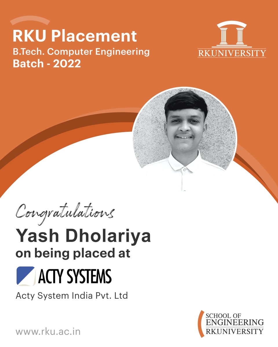 RKUniversity's tweet photo. We congratulate our students from #BTech #ComputerEngineering (Batch 2022) for getting placed at renowned companies. Wishing them a successful bright future ahead.

#rku #placement #engineering #engineeringplacement #rkuniversity #rajkot #gujarat #India https://t.co/DPolT3JOBj