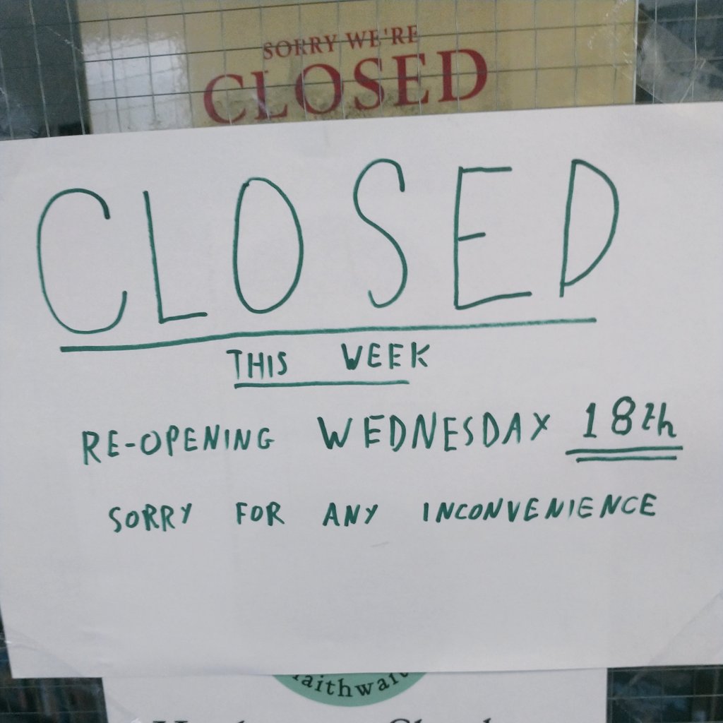 Colne_Books's tweet photo. Unfortunately due to illness we've had to close our doors this week. All being well we should be reopening on Wednesday (18th) 
#bookshop #Slaithwaite 📚 https://t.co/33wwfeh2eU