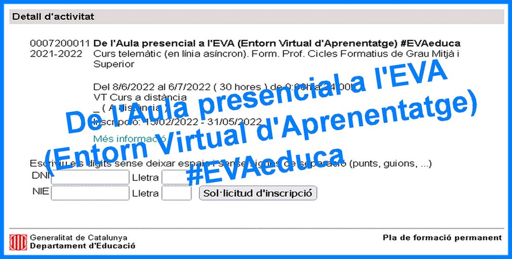 JosebaZuLu's tweet photo. Bon dia, si sou #docents de #FormacióProfessional ja podeu inscriure-us en el #CursEnLínia gratuït asíncron, ofert pel @idp_iceub:
➡️De l'Aula presencial a l'EVA (Entorn Virtual d'Aprenentatge) #EVAeduca
Som-hi, inscripcions aquí:👇👇
▶️https://t.co/zdUG0lKFXD https://t.co/zdcQc8raht