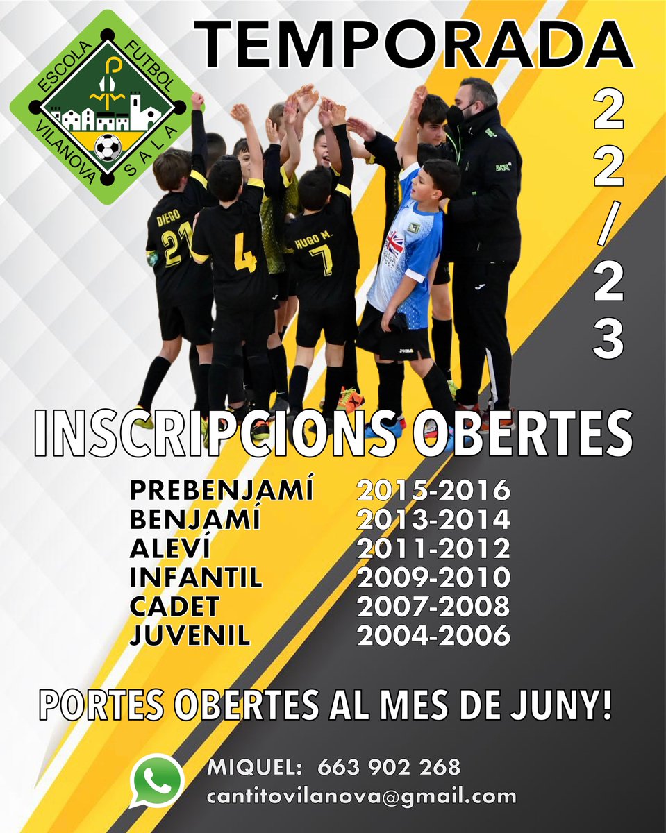 👥Vols formar part de la nostra escola de futbol sala?

𝐀𝐧𝐢𝐦𝐚'𝐭 𝐢 𝐯𝐢𝐧𝐞 𝐚𝐥𝐬 𝐧𝐨𝐬𝐭𝐫𝐞𝐬 𝐞𝐧𝐭𝐫𝐞𝐧𝐚𝐦𝐞𝐧𝐭𝐬 𝐚 𝐩𝐨𝐫𝐭𝐞𝐬 𝐨𝐛𝐞𝐫𝐭𝐞𝐬 𝐢 𝐜𝐨𝐧𝐞𝐢𝐱 𝐥𝐚 𝐧𝐨𝐬𝐭𝐫𝐚 𝐄𝐬𝐜𝐨𝐥𝐚. 

#️⃣ #123Vilanova #SomEscola #EFSV
#VilanovaDelCamí #FutbolSala