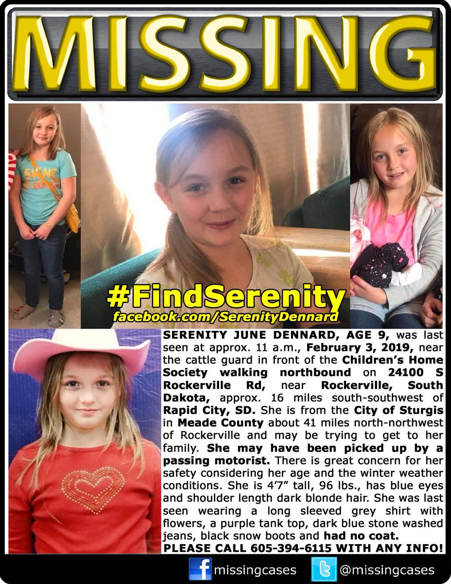 DMissionist1's tweet photo. Still Missing #SerenityDennard
vanished from #Rockerville, #SouthDakota on
🛑February 3rd, 2019🛑Several searches of the area have turned up no signs of & may have been picked up by a passing motorist. Last seen walking northbound on S. Rockerville Road.
Call 605.394.6115 or 911 https://t.co/PanicbevYu