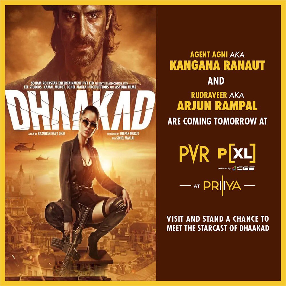 _PVRCinemas's tweet photo. We have a good news for all the #Dhaakad Fans! The star cast of the movie is coming to Iconic Priya at 5pm, Delhi.
Visit as you can stand a chance to meet #KanganaRanaut and #ArjunRampal
Are you excited?
#DhaakadMovie #PVRPxlAtPriya #KanganaRanaut #AgentAgni #PVR #BackAtPVR https://t.co/nS7UBC2W30