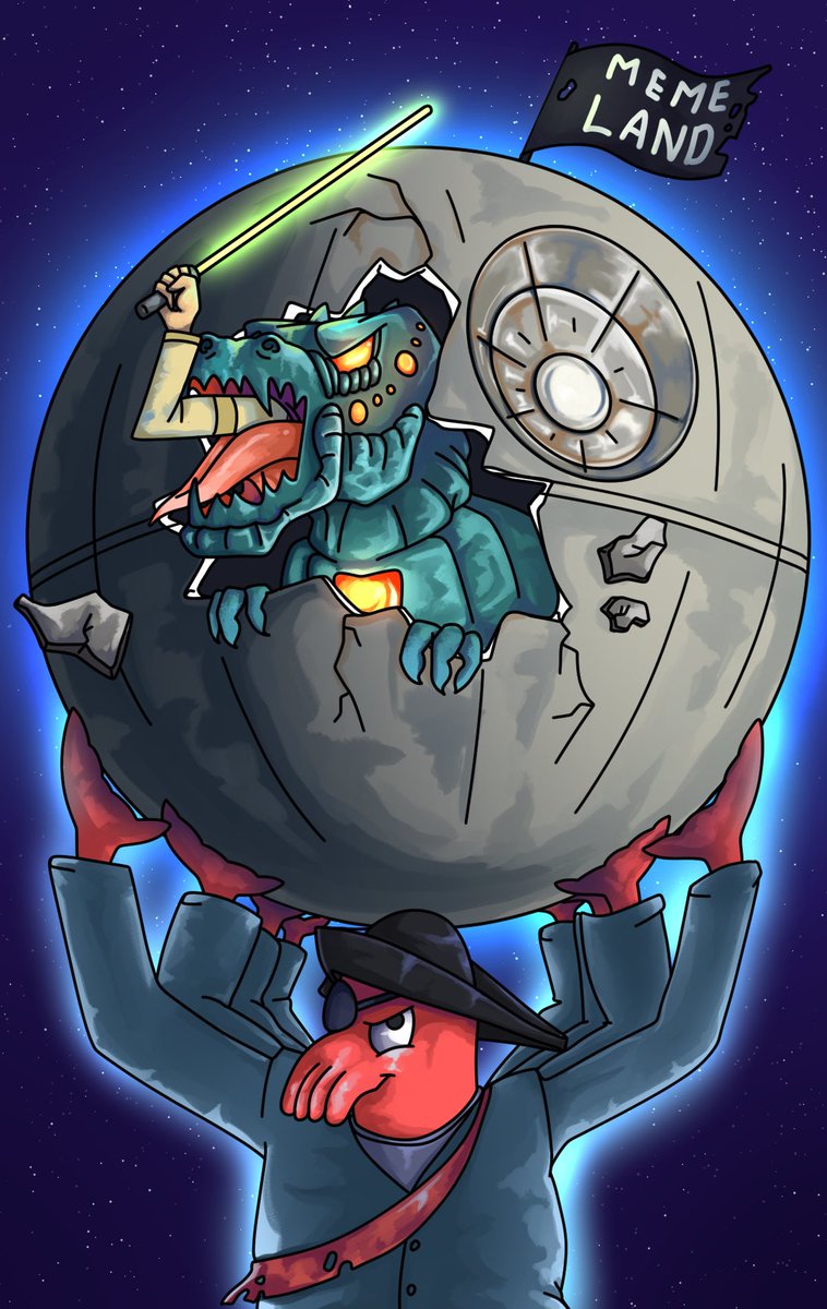 TeaM_Marko's tweet photo. Our land holder has three elephants on a turtle.  And Memeland is holding an eight-armed octopus that looks like a doctor evil)) I didn’t have time to compete with star wars, but the Jedi don’t give up! that’s the way!) (whoever understands will understand) @memeland @9gagceo https://t.co/SH0nKLTRfX