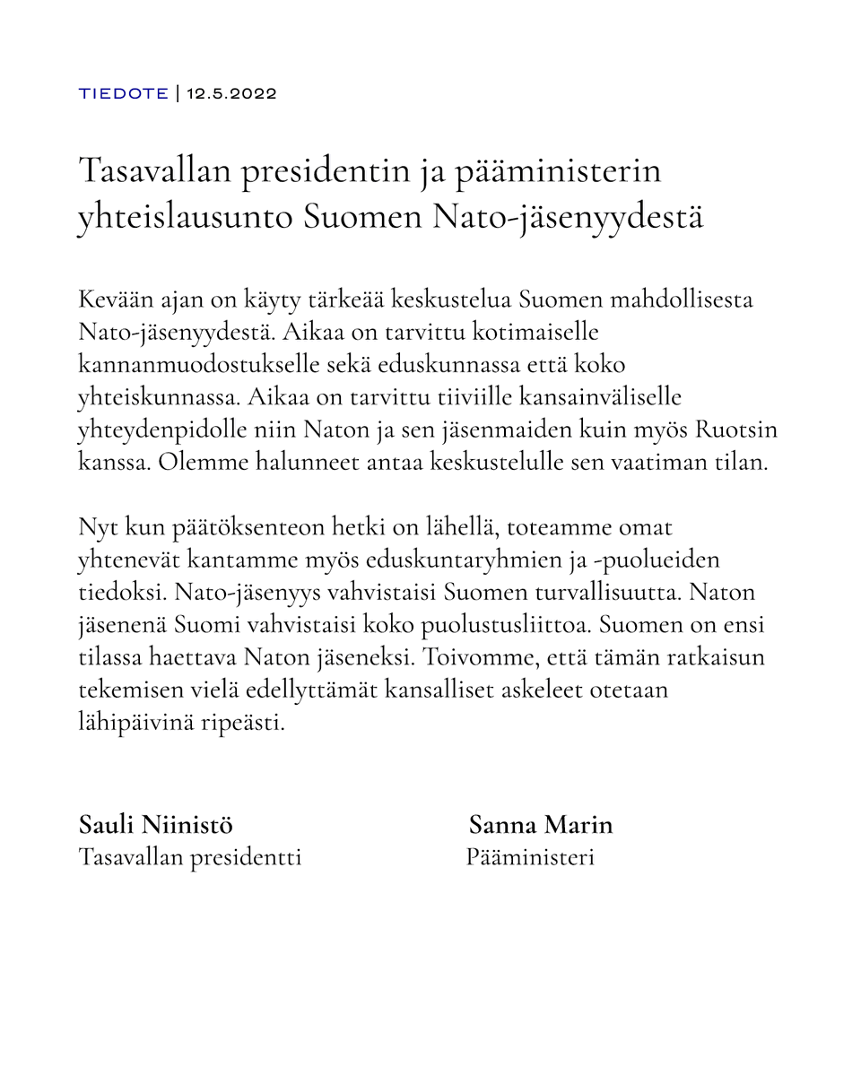 Tasavallan presidentin ja pääministerin yhteislausunto Suomen Nato-jäsenyydestä
presidentti.fi/tiedote/tasava…