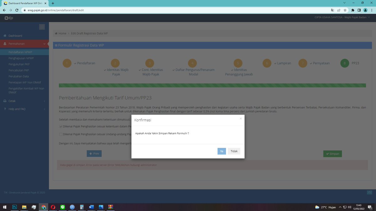 Biondyu's tweet photo. @kring_pajak apakah website ereg pajak untuk buat NPWP sedang error? sudah 2 jam selalu muncul notifikasi data gagal disimpan. Error pada server (Error 500). Mohon hubungi administrator https://t.co/dMPUNvRDb5