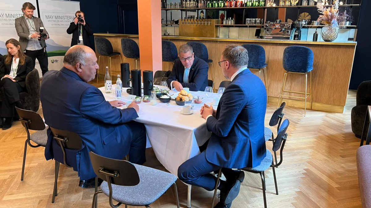 COP27P's tweet photo. Final touches before the #MayMinisterial in #Copenhagen. CPD #COP27 Shoukry with @COP26 CP @AlokSharma_RDG and Minister @DanJoergensen. https://t.co/MupCNajbxK