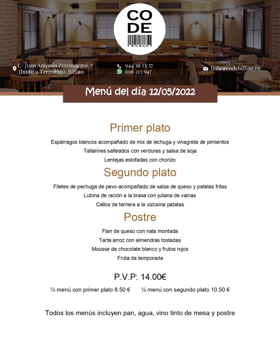 codebilbao's tweet photo. 🍴🥡Aquí tienes nuestro Menú del día🍽️ ¡Te esperamos!

📞 Llámanos 944 39 23 37
📲 Por Whatsapp 696 213 947
✉️Por email a pedidos@codebilbao.es
📌Restaurante: C/ Juan Antonio Zunzunegui, 7 Bilbao

#codebilbao #comerenbilbao #hosteleriasegura #salvemoslahoteleria https://t.co/nmECSDEyva