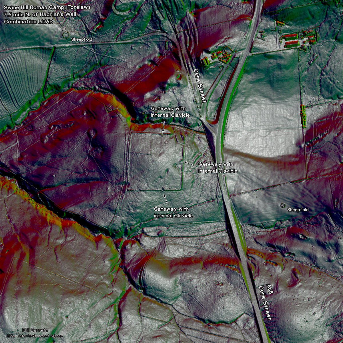 Phil_M_Barrett's tweet photo. Nearly 10 miles north along Dere street Roman road from where is crosses Hadrian's Wall we meet the #Roman camp on Swine hill.
Some 165m x 160m, it has three entrances with internal Clavicles (curving ramparts protecting the entrances).
#RomanFortThursday #Lidar https://t.co/dCfDSA3fAf