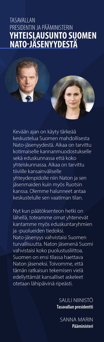 valtioneuvosto's tweet photo. Tasavallan presidentin ja pääministerin yhteislausunto Suomen Nato-jäsenyydestä:

https://t.co/UuJ0dL3X7x

@TPKanslia I @niinisto I @MarinSanna https://t.co/21Tep8Y6LP