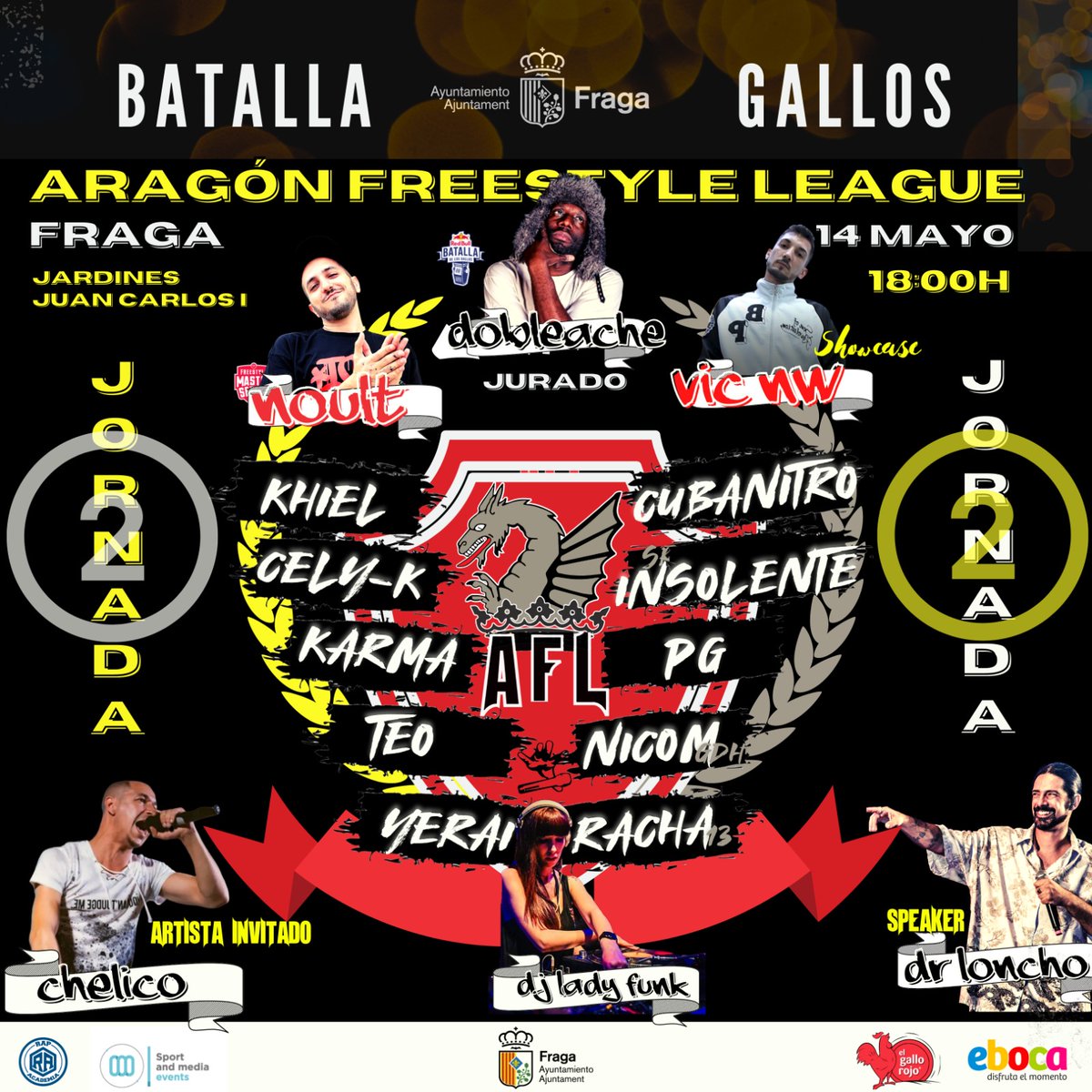 FragaAyto's tweet photo. 🐓 | BATALLA DE GALLOS

Recuerda que este sábado llega la 'Aragón Freestyle League' a #FRAGA 🎤

Tras iniciar la ruta en #Zaragoza, la 2ª jornada de esta competición llega a nuestra ciudad con artistas #TOP 🙌 y la colaboración especial del artista local #CHELICO 🐰

#Aragón https://t.co/u7hYVDi3fa