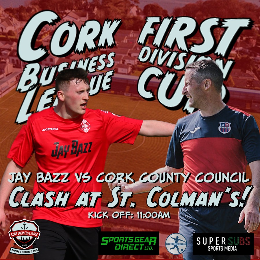 CorkBusinessLge's tweet photo. T minus 4 days.

Sunday May 15th

CBL Frank Linehan First Division Cup Final

@JaybazzFC v Cork County Council (@cccfc2 )

KO 11am
Gates open 10am
€5 entry - pay by contactless ONLY 💳

#CBL #RoadToStColmansPark https://t.co/82oDIml8S9