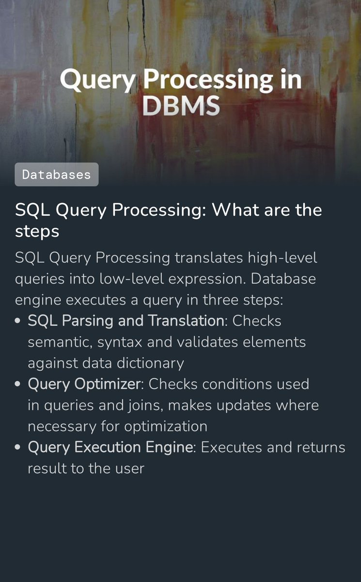 DevBytesApp's tweet image. Query Processing in DBMS

#DBMS #SQL #QueryExecution