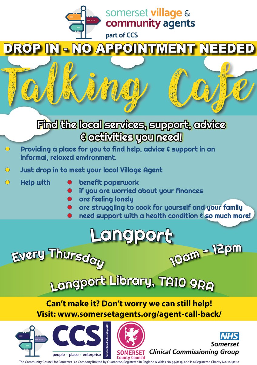 RuralSomerset's tweet photo. 4️⃣ Talking Cafes today, pop in to meet your local Village Agent!
Highbridge: https://t.co/jgHhEm2Ix8
Bridgwater: https://t.co/SNftiikQK1
Dulverton: https://t.co/4Cu32T3zpr
Langport: https://t.co/DWI4AOEHNn
#AdviceCafe #TalkingCafe #VillageAgent #ProblemSolvinginSomerset https://t.co/kyewcFDFwP