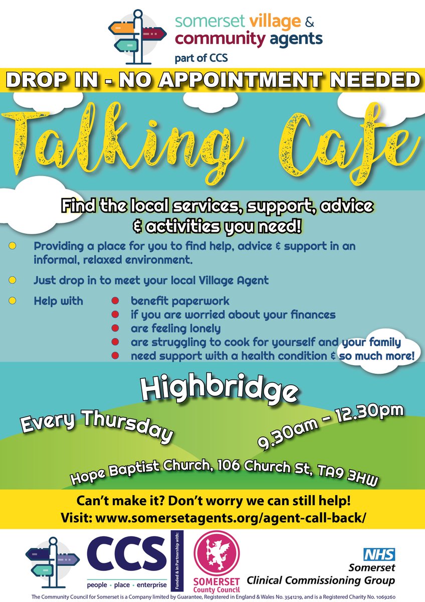 SomersetCarers's tweet photo. 4️⃣ Talking Cafes today, pop in to meet your local Village Agent!
Highbridge: https://t.co/ODaXOImKHv
Bridgwater: https://t.co/wtQgZq014T
Dulverton: https://t.co/Q8mFoizPOV
Langport: https://t.co/pWzHfZRRpE
#AdviceCafe #TalkingCafe #VillageAgent #ProblemSolvinginSomerset https://t.co/ohQtc2L57x