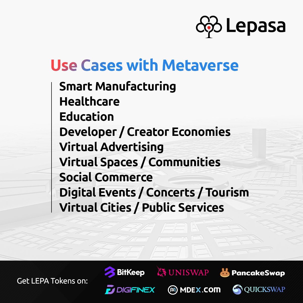 Lepasaorg's tweet photo. Opportunities with #Metaverse are immense & the use cases are countless π
#VirtuallyReal #NotJustJPEGs #MetaverseNFT #MetaverseUsecases #Metaverses #LepasaMetaverse #Lepasa #LepasaNFT https://t.co/wysmsJKMw1