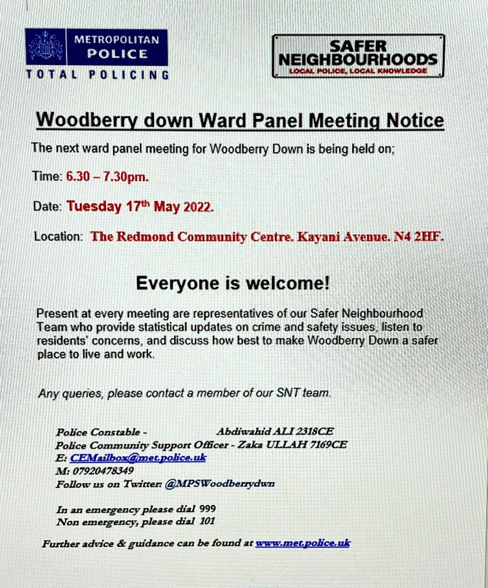 MPSWoodberryDwn's tweet photo. Good morning everyone. You are all invited to the forthcoming Woodberry Down Ward Panel meeting.
#Hackneypolice
#Saferneighbourhoods
#Woodberrydown https://t.co/gl5pmvMObi
