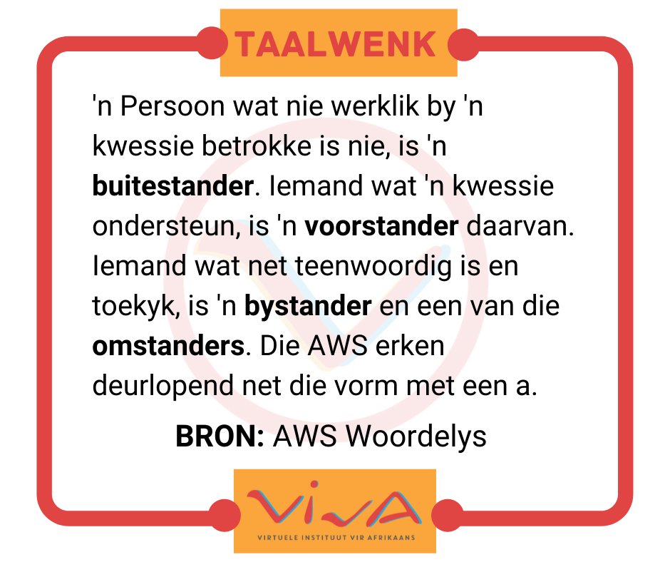 viva_afrikaans's tweet photo. Ek onthou dit so: 'n Persoon het twee bene en een a. 'n Staander het vier pote en twee a's.
#vivaafrikaans #taalwenk #buitestander #voorstander #bystander #omstander https://t.co/vOHlnroOc4