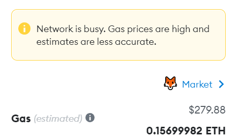 DIRLLIGAF's tweet photo. Gasoline for cars have nothing on NFT gas fees right now ;) 

This is a $280 surcharge for one transaction.

Ouch!!

#nft #opensea #gas #eth #gwei #expensive #yikes #crypto #gasoline #mining #ethereum #bitcoin #imtoopoor #everyonegotobed #naptime https://t.co/yVvtL7k3as