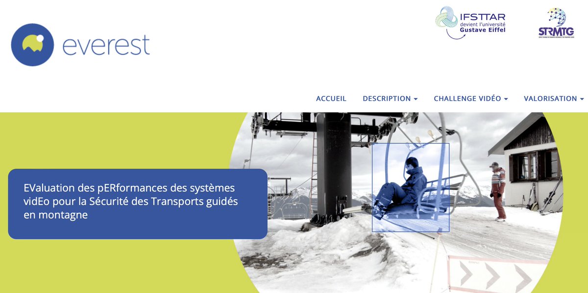 meuriec's tweet image. Restitution du projet  EVEREST #Recherche porté par le #STRMTG en collaboration avec l’#UnivEiffel sur l’EValuation des pERformances des systèmes vidEo pour la Sécurité des Transports guidés en montagne. Bravo pour la qualité des solutions #AI proposées.  everest.ifsttar.fr