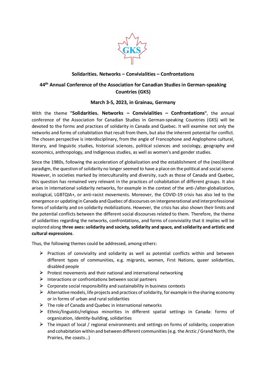 GKS_CanStudies's tweet photo. 3 more days to submit abstracts (FR or EN) for the *Annual GKS Conference 2023* on *Solidarities/Solidarities*
📅Deadline: May 15!
See you in Grainau🏔️
#canstudies #canlit #canadianstudies #étudescanadiennes #étudesquébécoises
👇 https://t.co/0MhmCuVbV8